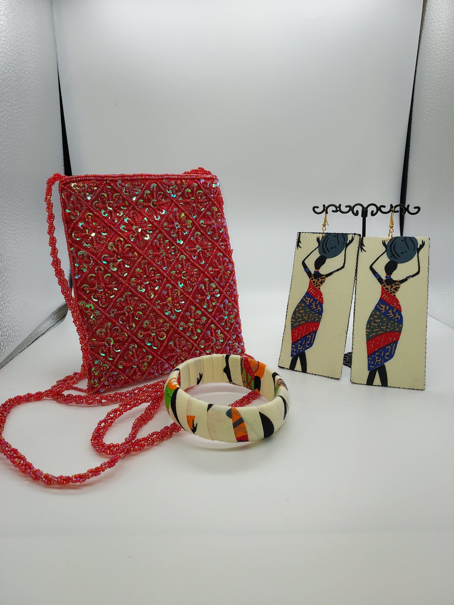 Red Handcrafted Beaded Bag and figurine Jewelry set